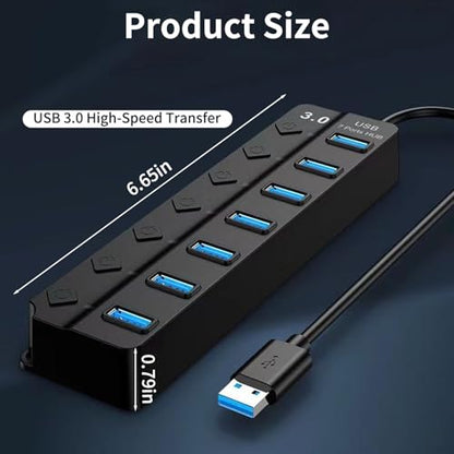 USB Hub 3.0, 7-Port USB Hub Splitter with Individual On/Off Switches and Lights, 3.2ft/1m Long Cable Compatible with MacBook/Laptop/Surface Pro/PS4/PC/Flash Drive/Mobile HDD