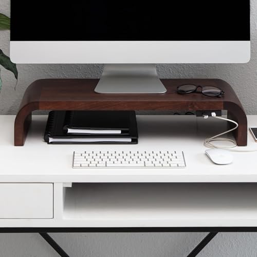 Anji Mountain Wood Monitor Stand Riser Desk Desktop Organizer Table for Home, Office Workspace, Laptop Riser, Ergonomic Design Stand for Gaming Setup, with Power Source, Walnut - color: Walnut, size: Basic Stand With USB Ports