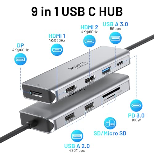 USB C Docking Station Dual HDMI Monitor Adapter 9 in 1 Triple Display Hub | Dual HDMI, Displayport, SD/microSD Card Reader, 2 USB 2.0, 1 USB 3.0, 100W PD, for USB C Thunderbolt 3/4 Laptops - color: Grey