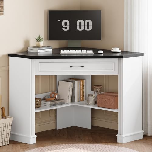 SEDETA Farmhouse Corner Desk for Small Space, White Small Computer Desk | 31.5" Small Corner Desk with Drawer,Triangle Corner Computer Desk with Storage,for Home Office Living Room Bedroom - color: White