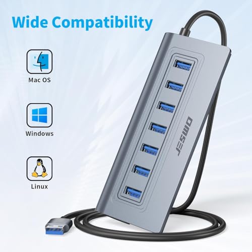 USB Hub 3.0, JESWO Aluminum 7 Port USB 3.0 Hub with 3.3Ft Cable, USB Splitter with 7-USB3.0 Data Ports Compatible with MacBook, Laptop,Surface Pro, PS5, PC and More (No Power Adapter Included) - color: Grey