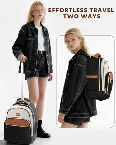 Arcoyard Rolling Backpack for Women, 15 inch Wheeled Laptop Bag | Water Resistant, Underseat Carry On Luggage, TSA Friendly, Black Beige Brown - color: Black Beige Brown, size: 15-inch