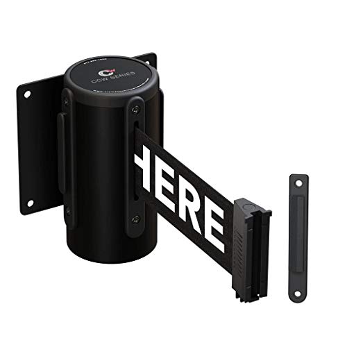 Crowd Control Warehouse WMB-120 Fixed Wall Mount Retractable Belt Barrier | 11-foot Black "PLEASE WAIT HERE" Belt with Black Steel Case, CCW Series, Crowd Control Barriers. - color: Black"PLEASE WAIT HERE"