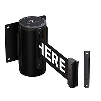 Crowd Control Warehouse WMB-120 Fixed Wall Mount Retractable Belt Barrier | 11-foot Black "PLEASE WAIT HERE" Belt with Black Steel Case, CCW Series, Crowd Control Barriers. - color: Black"PLEASE WAIT HERE"