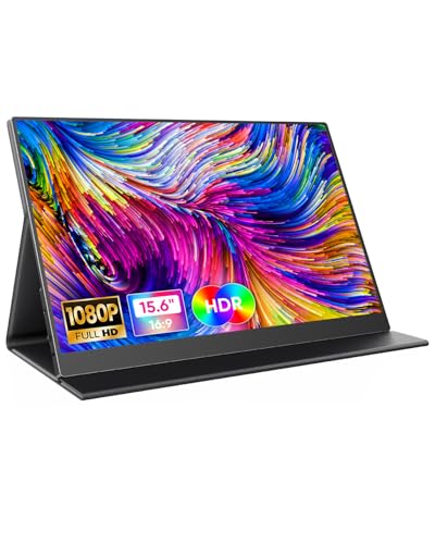 CJkao Portable Monitor 15.6” FHD 1080P USB-C & HDMI Display Ultra-Slim IPS Screen w/Smart Cover, Dual Speakers, HDR, Eye-Care, External Monitor for Laptop, Mac, Phone, PS5, Xbox, Switch, Black