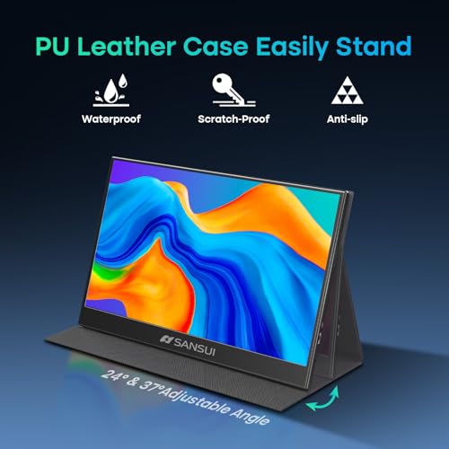 SANSUI Portable Monitor 15.6 Inch FHD 1080P Travel Monitor for Laptop, USB C HDMI Ultra-Thin IPS Computer Display with Speakers & PU Leather Stand Cover, for PC Mac mini Phone Switch Gaming - size: 15.6