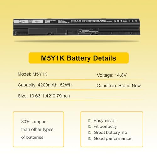 62Wh M5Y1K Laptop Battery for Dell Inspiron 14/15/17 3000/5000 Series 5555 5758 3551 | Vostro 3458 3558 & Latitude 3460 3560 | P51F/P63F/P47F High-Capacity Li-ion Replacement - size: M5Y1K 10.6*1.5*0.75inch