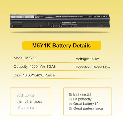 62Wh M5Y1K Laptop Battery for Dell Inspiron 14/15/17 3000/5000 Series 5555 5758 3551 | Vostro 3458 3558 & Latitude 3460 3560 | P51F/P63F/P47F High-Capacity Li-ion Replacement - size: M5Y1K 10.6*1.5*0.75inch
