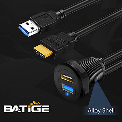 USB 3.0 & HDMI to HDMI + USB 3.0 Car Mount Flush Cable, Alloy Shell Dash Panel Extension Cable with LED Indicator for Car Boat Motorcycle 1ft - style: USB3.0 & HDMI 1ft