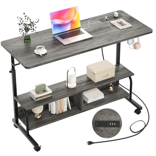 47" Rolling Standing Desk with Charging Station for Couch Bed | Height Adjust 27.5-41", 2 AC/3 USB, Mobile 4 Lockable Wheels, 2-tier Shelves Hook, Safe Corner Fast Assembly - color: Grey Oak, size: 47''