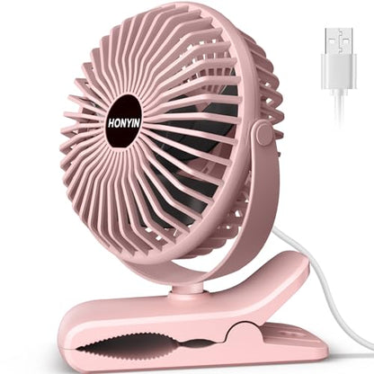 HONYIN 720° Rotation Small Desk, Hang & Clip on Fan by USB Plug In | Sturdy Clamp, 3 Speeds, Quiet Little Personal Cooling Fan for Bedroom Office Desktop Treadmill - color: Pink