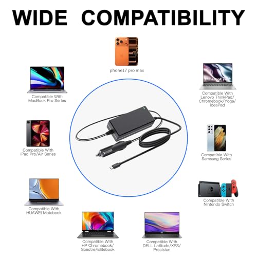 90W Faster Charger USB-C Laptop Car Charger for ASUS Chromebook CX1 Flip, MacBook Pro Air, Lenovo Chromebook Flex 3 5 Yoga IdeaPad 3 11, Acer Chromebook Spin (Black)