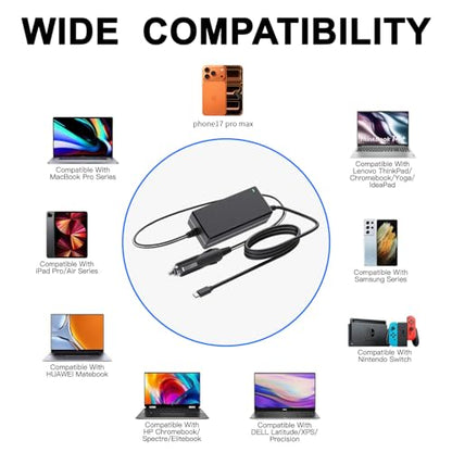 90W Faster Charger USB-C Laptop Car Charger for ASUS Chromebook CX1 Flip, MacBook Pro Air, Lenovo Chromebook Flex 3 5 Yoga IdeaPad 3 11, Acer Chromebook Spin (Black)