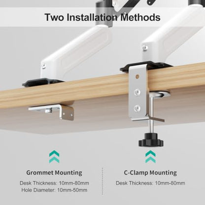 MT-VIKI Single Monitor Arm for 17"-32" Monitors, Gas Spring Adjustable Desk Mount, Quick Release VESA Plate, Full Motion with Cable Management, Clamp & Grommet Base, Supports 4.4–19.8 lbs, White - size: Single Arm