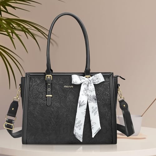 MOSISO Laptop Bag for Women, 17-17.3 inch PU Leather Tote Bag | Compatible with MacBook, HP,Dell, Front Embossed Retro Hibiscus Computer Bags with Silk Scarf&Clutch Purse, Black - color: Black, size: 17.3 inch