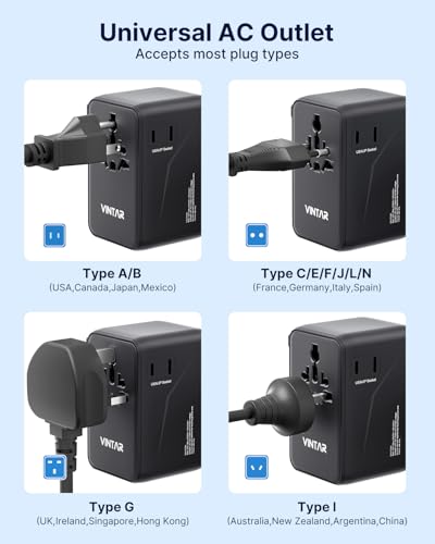 VINTAR 140W GaN Universal Travel Adapter, 6-in-1 International Power Adapter with 2AC, 3 USB-C PD & 1 USB-A QC, All-in-One Charger Compatible with EU/UK/US/AU for Laptops, Tablets, Phones, Cameras - color: 140W Black