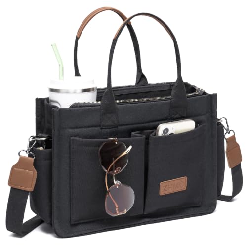 Canvas Tote Bag for Women,Women's Bags Crossbody Bags Work Laptop Tote Bag Large Handbags Purse for Travel Nurse Teacher - color: New Upgrade Black With Compartments and Inner Cup Holders