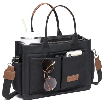 Canvas Tote Bag for Women,Women's Bags Crossbody Bags Work Laptop Tote Bag Large Handbags Purse for Travel Nurse Teacher - color: New Upgrade Black With Compartments and Inner Cup Holders