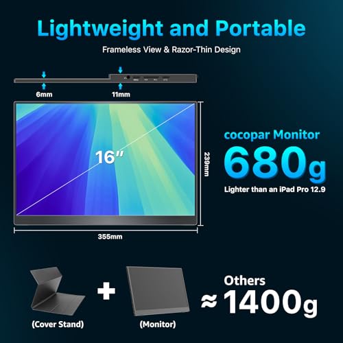 cocopar Portable Monitor 16 Inch 2.5K QHD 110% sRGB 144Hz USB-C, 120Hz HDMI, Travel Monitor with Speaker Second Screen for Laptop MacBook Surface PC Xbox PS4/5, VESA Mountable, with Kickstand - size: 16