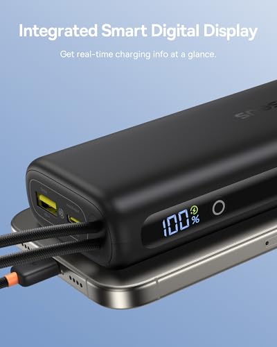 Baseus Mini Power Bank Fast Charging 67W, 10000mAh Small Portable Phone Charger Built-in Dual USB C Braided Cable, Travel Essential Battery Pack for iPhone 17/16/15, iPad, Samsung Galaxy S25/S24 etc. - color: Midnight Black