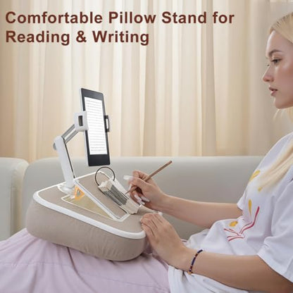 Tablet Pillow Stand with Snack Bowl and Writing Board, 360° Rotating Phone Holder for 4.7-13" Phone Kindle Tablet, Pillow Kindle Holder for Reading in Bed, Couch,Recliner,Floor Etc-Beige - color: Beige