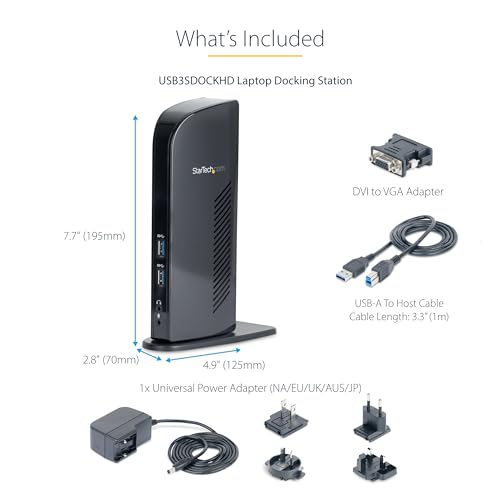 StarTech USB-A Dual Monitor Dock, HDMI & DVI/VGA, 6x USB-A, GbE, Audio, TAA | For USB-A laptops, with four USB 2.0 plus two 5Gbps ports, a DVI-to-VGA adapter, slim upright design and mic/headphone jacks - size: Dual Monitor, style: HDMI | DVI/ VGA | 6 x U