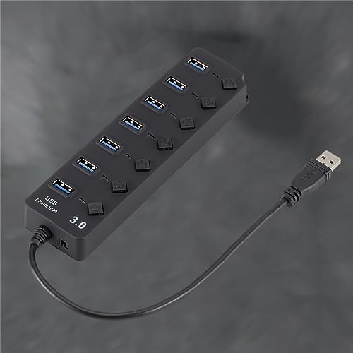 Uonlytech 7-Port USB 3.0 Hub LED Indicators for Computer Laptop and Tablet High-Speed USB Splitter Independent Power Control Black