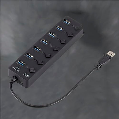 Uonlytech 7-Port USB 3.0 Hub LED Indicators for Computer Laptop and Tablet High-Speed USB Splitter Independent Power Control Black