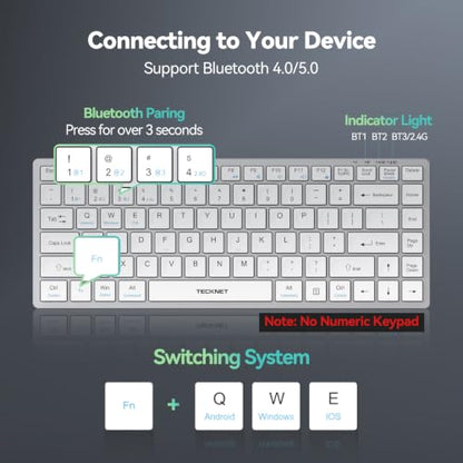 TECKNET Bluetooth Keyboard Rechargeable, 4-Device (2.4G+3BT) Wireless Keyboard, Small Ultra-Slim Keyboard, 14 Hotkeys Computer Keyboard for PC/Laptop/Tablet/iPad, Silvery-White - color: Silvery-white
