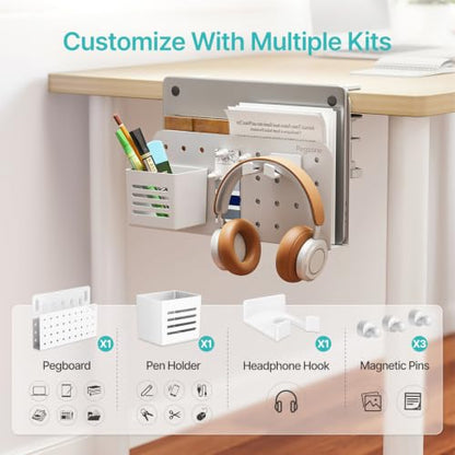 PEGZONE Desk Side Storage Organizer, No Drill Under Desk Laptop Holder, Clamp on Desks Shelf with Pegboard Accessories, Hanging Laptop Mount, Fits Flat Edge 0.4" to 2.2", White | No Drill Under Desk Laptop Holder, Clamp on Desks Shelf with Pegboard Access