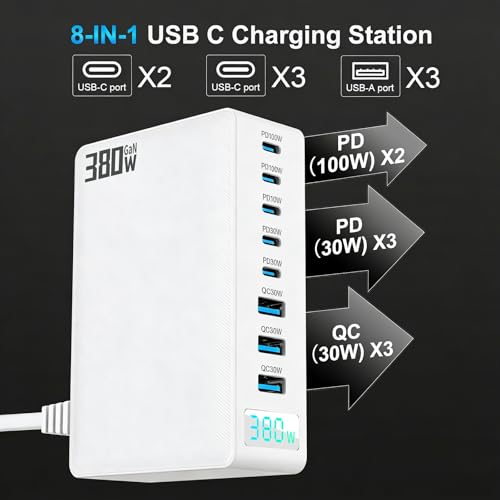 380W GaN III 8-Port Multi-Device USB-C Charger, PD 30W+100W PC Laptop Fast Charging Hub for MacBook/iPhone/iPad/Dell/Steam Deck, w/ 100W Cable, White