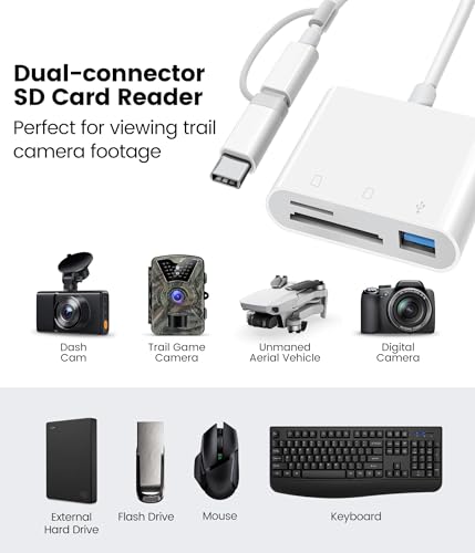 Oyuiasle SD Card Reader for iPhone iPad Trail Camera Viewer 3-in-1 SD Adapter with Dual Slots & USB Port, Memory Card Adapter Dual-connector Design with Lightening&USB-C for Photographers, Plug & Play - size: 3 Slots