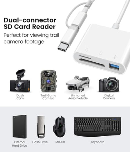 Oyuiasle SD Card Reader for iPhone iPad Trail Camera Viewer 3-in-1 SD Adapter with Dual Slots & USB Port, Memory Card Adapter Dual-connector Design with Lightening&USB-C for Photographers, Plug & Play - size: 3 Slots