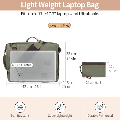 Nerlion Messenger Bag for Men 17-17.3 Inch Laptop Bag Canvas Water-resistant Computer Bag Shoulder Bag Work Briefcase Bookbag for College (Green) - color: Green