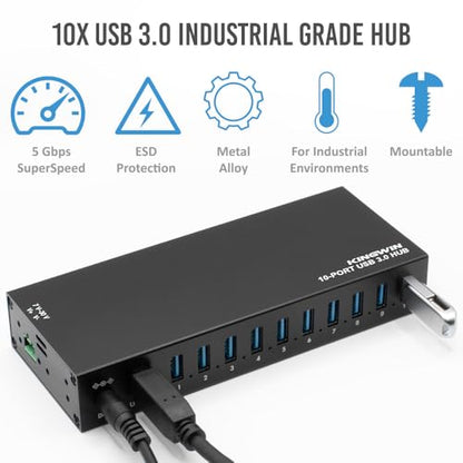 Kingwin Industrial USB 3.0 Hub 10-Port, Heavy-Duty Metal Mountable USB Hub with Power Adapter, 5Gbps SuperSpeed Powered USB Splitter for PC, Laptop, Mac, POS Systems & Factory Automation - size: USB 10-PORT