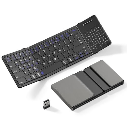 Foldable Bluetooth Keyboard with Touchpad Numpad Multi-Device Rechargeable | 2-in-1 Folding Keyboard with Trackpad & Number Pad Portable Travel Keyboard for iPad,Laptop,PC Windows,iOS,Android,MacOS