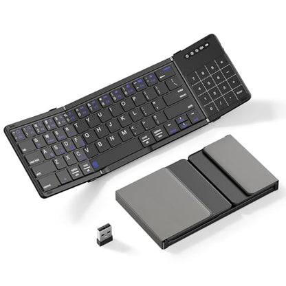 Foldable Bluetooth Keyboard with Touchpad Numpad Multi-Device Rechargeable | 2-in-1 Folding Keyboard with Trackpad & Number Pad Portable Travel Keyboard for iPad,Laptop,PC Windows,iOS,Android,MacOS