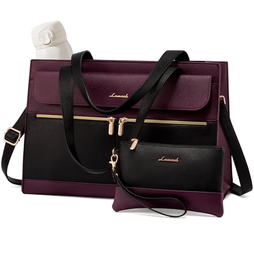 LOVEVOOK Laptop Bag for Women 15.6 Inch Tote Work Professional Leather Computer Briefcase Waterproof Handbag Shoulder Large Capacity Business Teacher Office Crossbody Purse - color: Black/Purple-1, size: 15.6 Inch