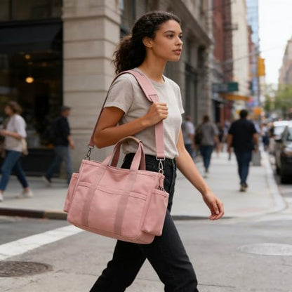 Eagerrich Canvas Crossbody Tote Bag with Multi Pockets for Women Work Large Handbags Shoulder Bag Messenger Bag Travel Purse - color: Pink