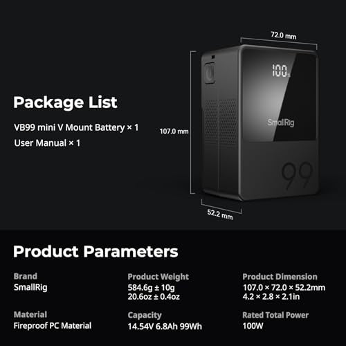 SMALLRIG V Mount Battery VB99, 99Wh / 6800mAh V Lock Battery with 100W Output, 2H Full Charge, with USB-C, D-TAP, USB-A, Dual DC Port, OLED Screen, for Camera, Camcorder, Monitor, Video Light