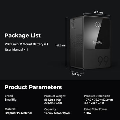 SMALLRIG V Mount Battery VB99, 99Wh / 6800mAh V Lock Battery with 100W Output, 2H Full Charge, with USB-C, D-TAP, USB-A, Dual DC Port, OLED Screen, for Camera, Camcorder, Monitor, Video Light