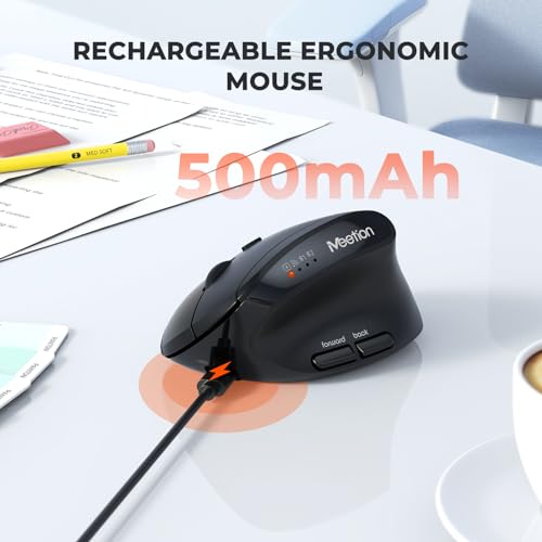 MEETION Ergonomic Vertical Mouse, Wireless Bluetooth Mouse, Black | Rechargeable mouse with dual Bluetooth 5.2 and USB, 4 DPI levels (800–2400), compatible with Windows, Mac, PC and iPad - color: Right Black New