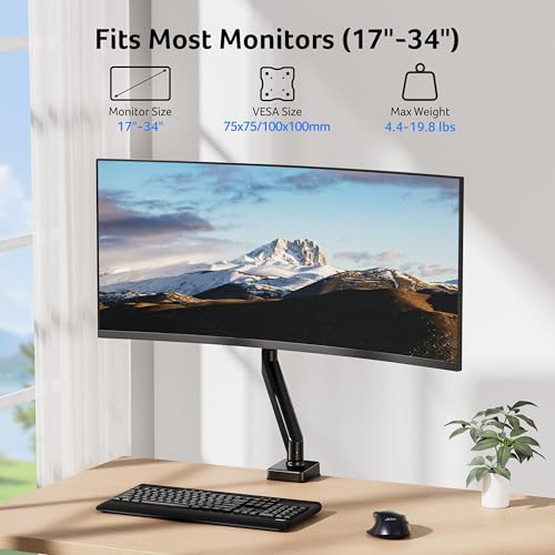 Acer Single Monitor Mount, Fully Adjustable Monitor Arm Fits 17-34" Screens | Gas Spring VESA Mount with C-Clamp & Grommet Base, Computer Desk Arm with Tilt Swivel Rotate Supports 4.4-19.8 lbs