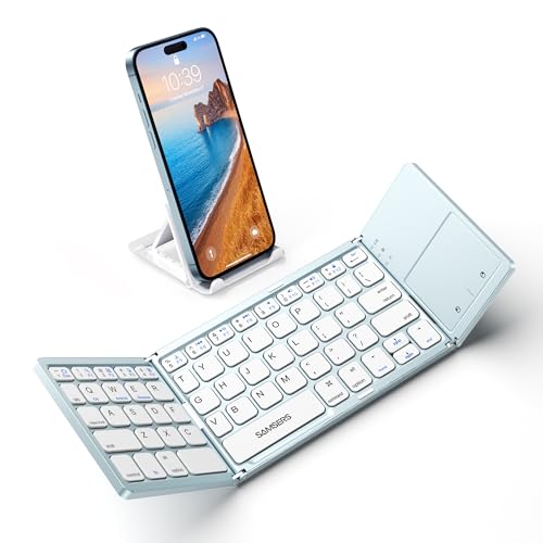 Samsers Foldable Bluetooth Keyboard with Touchpad, Ultra Slim Compact, Blue | Multi-touch Trackpad, Full Size, Phone Holder, USB-C Charging, 1 Device, for Android Windows iOS Mac OS, Mobile Productivity - color: Sky Blue, size: 1-Device