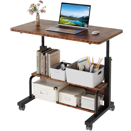 OLIXIS Rolling Desk, Storage Shelves, Laptop Table, Home Office | Height Adjustable Design, Computer Desks on Wheels, Portable for Small Spaces Use, Rustic Brown - color: Rustic Brown