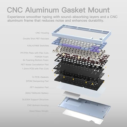 KEEBMONKEY WOBKEY Rainy 75 CNC Aluminum HMX/JWK/Cocoa Switches Triple-Mode Connectivity Mechanical Keyboard with Superior Acoustics, RGB/PP/Mirrored Glass/3500mAh/Violet Switch (Standard - Silver) - style: Standard - Silver