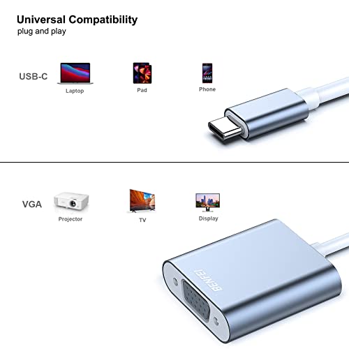 BENFEI USB C to VGA Adapter, Thunderbolt 3/4 to VGA Adapter Compatible with iPhone 15 Pro/Max, MacBook Pro/Air 2023, iPad Pro, iMac, S23, XPS 17, Surface Book 3 and More [Aluminium Shell,Grey] - color: Grey