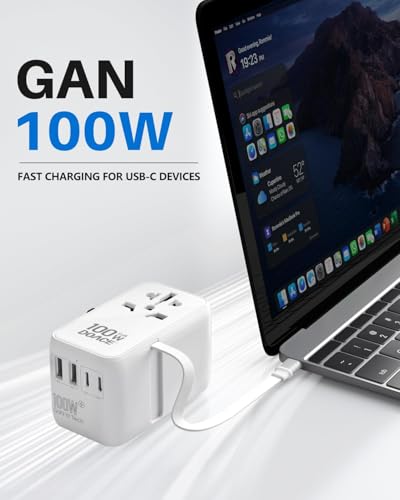 DOACE 100W GaN Universal Travel Adapter with USB-C Cable | 100W GaN Fast Charging, Built-in USB-C Cable, 6-in-1 Design, Works in Europe, UK, US & Australia, Compact Travel Essential - color: White