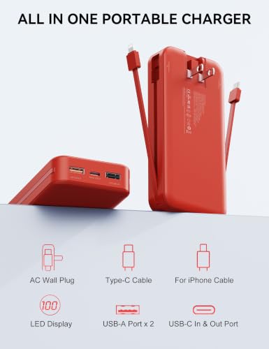 Nusyddy Portable Charger 20000mAh Fast Charging w/Built-in Wall Plug Red | PD20W Fast Charging, High Capacity, LED Display, Charge 5 Devices at once, TSA Approved, Compatible with iPhone/Samsung - color: Ruby