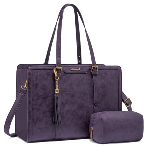 LOVEVOOK Laptop Bag for Women Vintage Leather Laptop Tote 15.6 inch Large Capacity Computer bag with Clutch Purse for Work - color: Purple, size: 15.6 inch
